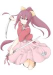  1girl akara_kai alternate_hairstyle blush bow breasts brown_hair commentary_request dual_wielding hair_bow hair_ribbon hakama hakama_skirt highres holding japanese_clothes kamikaze_(kancolle) kantai_collection katana kimono long_hair looking_at_viewer meiji_schoolgirl_uniform pink_hakama purple_eyes purple_hair red_kimono ribbon skirt smile solo sword weapon white_background yellow_bow 