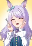  1girl absurdres animal_ears aqua_bow aqua_dress blush bow casual closed_eyes commentary_request dress ear_bow ear_ribbon food food_on_face fork green_dress highres holding holding_fork horse_ears horse_girl long_hair long_sleeves mejiro_mcqueen_(casual)_(umamusume) mejiro_mcqueen_(umamusume) open_mouth pinafore_dress purple_hair ribbon shirt sleeveless sleeveless_dress smile umamusume upper_body white_shirt yakushi_guremaru 
