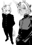  1girl absurdres animal_ears bobby_socks braid closed_mouth commentary crossdressing crossdressing_(ftm) crown_braid ear_ribbon folded_ponytail frown fujimasa_march_(umamusume) gakuran greyscale hand_in_pocket hands_in_pockets highres horse_ears horse_girl horse_tail jacket kakuteru_sudachi long_sleeves looking_at_viewer monochrome multiple_views pants school_uniform shoes short_hair socks standing tail umamusume umamusume:_cinderella_gray 
