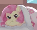  2021 bed bedding blanket blue_eyes blush equid equine female feral fluttershy_(mlp) friendship_is_magic front_view furniture ginmaruxx hair hasbro hi_res hooves long_hair looking_at_viewer mammal my_little_pony pegasus pink_hair quadruped smile solo wings yellow_body 