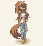  anthro apogee_(tinygaypirate) arm_tuft bare_shoulders black_nose bottomwear breasts brown_body brown_eyes brown_fur brown_hair canid canine canis cheek_tuft clothed clothing cowlick denim denim_clothing domestic_dog ear_piercing eyebrow_through_hair eyebrows eyelashes facial_markings facial_tuft female floppy_ears footwear fur gauged_ear hair head_markings hi_res jeans long_hair looking_at_viewer mammal markings messy_hair navel no_underwear pants piercing plantigrade ponytail pulling_pants_down shirt shoes simple_background smile solo spitz standing tan_background tank_top tinygaypirate topwear torn_bottomwear torn_clothing torn_jeans torn_pants translucent translucent_hair tuft untied_shoes 