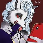  1:1 anthro bodily_fluids canid canid_demon cellphone collar demon distracted duo ear_piercing ear_ring erection fangs fellatio female female_focus fingernails fur gatox_(artist) genitals grey_body grey_fur hair harness hellhound helluva_boss hi_res long_fingernails looking_at_object looking_at_phone loona_(helluva_boss) male mammal nails oral penile penis pentagram pentagram_harness phone piercing red_sclera saliva saliva_on_tongue sex simple_background smartphone solo_focus spiked_collar spikes tongue tongue_out vein veiny_penis white_eyes white_hair 
