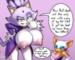  2021 absurd_res anthro areola big_breasts blaze_the_cat breast_size_difference breasts chiropteran clothing domestic_cat duo english_text felid feline felis female hi_res huge_breasts mammal mightycock_(artist) nipples open_mouth phone rouge_the_bat sega sonic_the_hedgehog_(series) text 