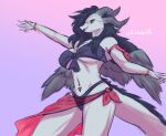  2021 anthro black_hair black_sclera clothing dragon eyewear feathered_wings feathers female glasses hair hi_res horn open_mouth red_eyes simple_background smile solo swimwear tongue tongue_out trololohstuffs white_body wings 