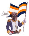  5_fingers anthro biped brown_body brown_fur clothed clothing english_text fingers flag fur gloves handwear holding_flag holding_object hyaenid mammal mlice potion scroll simple_background text uniform white_background 