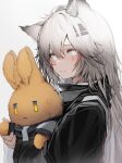  2021 5_fingers absurd_res animal_humanoid arknights blush canid canid_humanoid canine canine_humanoid clothed clothing english_text female fingers fluffy fluffy_ears fur grey_body grey_fur grey_hair hair hi_res holding_object humanoid hypergryph lappland_(arknights) long_hair looking_at_viewer mammal mammal_humanoid multicolored_hair plushie silver_hair simple_background smile smiling_at_viewer solo studio_montagne tabhead text translated_description video_games white_background white_body white_eyes white_fur white_hair wolf_humanoid 