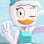  1:1 2021 4_fingers absurd_res anatid anseriform anthro avian bird blue_sky cloud day disney duck ducktales ducktales_(2017) female fingers gesture hi_res ionai june_duck looking_at_viewer one_eye_closed outside pigtails selfie sky solo v_sign wink 