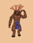  3:4 antlers beard blue_eyes bottomwear brown_body brown_fur capreoline cariblin_(pine) cervid clothing eyebrows facial_hair fist flexing fur fur_tuft hi_res hooves horn inner_ear_fluff leather loincloth looking_at_viewer loose_noose male mammal moose muscular pine_(video_game) rope smile solo standing tuft 