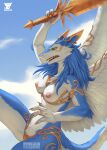  2021 anthro areola blue_hair bottomwear breasts clothing ear_piercing ear_ring feathered_wings feathers female fur green_eyes hacatiko hair hi_res holding_object holding_sword holding_weapon long_hair melee_weapon nipples piercing ring sergal solo sword weapon white_body white_feathers white_fur wings 