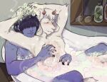  anthro bathing blue_body blue_skin bovid caprine deltarune duo eyewear fur glasses goat hi_res horn human jetstarred kris_(deltarune) male male/male mammal nude ralsei shampoo soap_bubbles undertale_(series) video_games white_body white_fur 