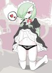  &lt;3 blush bodily_fluids camel_toe clothed clothing clothing_lift dress dress_lift female flashing gardevoir genital_fluids hi_res humanoid indozou kneeling legwear looking_at_viewer maid_uniform nintendo not_furry panties pok&eacute;mon pok&eacute;mon_(species) pussy_juice smile solo sweat thigh_highs underwear uniform video_games 