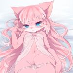  2018 anthro bedding bedding_background blue_eyes blush cat_busters cotora domestic_cat felid feline felis female front_view fur hair jeanne_(cat_busters) kemono long_hair looking_at_viewer lying mammal navel nightgown on_back panties_around_legs pink_body pink_fur pink_hair signature solo 