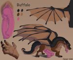  2_penises big_penis breath brokenscales brown_body buffalo_(kink) close-up dragon feral genitals hi_res male model_sheet mudwing_(wof) multi_genitalia multi_penis panting penis pink_penis presenting presenting_penis slit smile solo spread_wings thick_tail wings wings_of_fire 