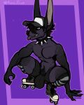  2021 4:5 5_fingers absurd_res anthro anubian_jackal ayden_(character) ayden_feuer balls_outline big_bulge big_ears biped brown_eyes brown_hair bulge canid canine canis claws clenched_teeth clothing collar dark_body dark_skin digital_drawing_(artwork) digital_media_(artwork) finger_claws fingers footwear genital_outline hair hat headgear headwear hi_res jackal legwear male mammal markings monster nails penis_outline piercing pubes rollerskates sharp_claws sharp_teeth simple_background solo spiked_collar spikes stockings tattoo teeth tongue tongue_out underwear 
