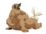  2021 absurd_res anthro belly blush brown_body brown_fur canid canine canis domestic_dog duo fur head_in_crotch hi_res humanoid_hands implied_oral jumperbear kemono male mammal moobs nipples oral overweight overweight_male sex simple_background sitting tail_motion tailwag white_background 