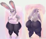  anthro big_butt bottomwear breasts butt clothed clothing curvy_figure disney female fur grey_body grey_fur hands_on_hips hi_res huge_butt huge_hips huge_thighs judy_hopps kiseff lagomorph leporid long_ears looking_at_viewer looking_back looking_back_at_viewer mammal medium_breasts narrowed_eyes overweight overweight_anthro overweight_female pants purple_eyes rabbit rear_view shirt solo thick_thighs tight_clothing topwear voluptuous wide_hips yoga_pants zootopia 