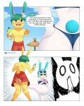  animal_crossing anthro attack big_breasts bikini bikini_thong blonde_hair breasts butt clothing crotch_attack crotch_kick dialogue english_text female francine_(animal_crossing) fur gammainks genital_torture hair hi_res kick lagomorph leporid male mammal nintendo rabbit sanrio swimwear text toby_(animal_crossing) video_games white_body white_fur yellow_body yellow_fur 