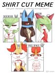  akatosh_el_shota_furro anthro big_breasts braixen breasts cinderace english_text fangs female female/female gardevoir group hair hi_res humanoid kirlia lucario meme nintendo pok&eacute;mon pok&eacute;mon_(species) shirt_cut_meme short_hair slim smile text video_games 