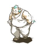  2021 anthro belly blue_hair bottomwear clothing gouryou hair kemono lifewonders male mammal overweight overweight_male pants shirt simple_background solo suid suina sus_(pig) takagi_kyou tokyo_afterschool_summoners topwear video_games white_background wild_boar 