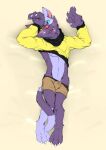  2021 anthro biped blush bulge clothing cute_fangs dakimakura_design domestic_cat felid feline felis hi_res hopelesshighschool humanoid_hands lars_(the_human_heart) lying male mammal purple_body solo the_human_heart_(game) underwear video_games visual_novel 