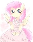  2021 anthro biped blue_eyes clothing dress equid equine feathered_wings feathers female fluttershy_(mlp) friendship_is_magic frilly frilly_clothing frilly_dress front_view ginmaruxx hair hasbro hi_res hooves mammal my_little_pony pegasus pink_hair semi-anthro simple_background solo white_background wings yellow_body yellow_wings 