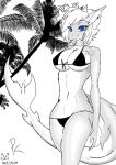  2021 anthro big_breasts bikini biped blue_eyes breasts clothing digital_drawing_(artwork) digital_media_(artwork) eye_through_hair eyebrow_through_hair eyebrows fan_character female fingers fish hair hi_res looking_at_viewer marine monochrome natasha_(pk) navel non-mammal_breasts not_furry outside palm_tree pk_artist plant shark signature sky smile smiling_at_viewer solo swimwear teeth translucent translucent_hair tree 