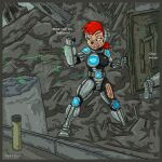  1:1 armor blaster canid canine dialogue digital_media_(artwork) disney duo ejaculation exoskeleton female future goof_troop hair hi_res machine male male/female mammal mecha peg_pete post-apocalyptic protection red_hair rescue ruins safe_(disambiguation) shots text vylfgor wounded 