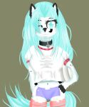  5:6 anthro blue_eyes blue_hair canid canine canis clothing collar cybernetic_arm cybernetic_leg cybernetic_limb female fladdykin fur hair hi_res mammal solo tight_clothing white_body white_fur wolf 