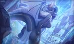  2021 anthro biped blue_hair breasts butt_pose clothed clothing detailed_background dragon female gaby-t hair horn jewelry looking_at_viewer membrane_(anatomy) membranous_wings partially_submerged pose rear_view scalie solo wings 