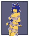  absurd_res akibarx animal_crossing ankha_(animal_crossing) anthro areola areola_slip big_breasts blue_hair breast_squish breasts clothed clothing curvy_figure domestic_cat egyptian egyptian_headdress felid feline felis female fur gold_(metal) gold_jewelry hair hi_res jewelry looking_at_viewer mammal markings mummy_wrappings nintendo partially_clothed short_hair simple_background solo squish striped_markings striped_tail stripes tail_markings thick_thighs uraeus video_games voluptuous yellow_body yellow_fur 