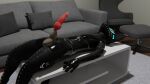  3d_(artwork) anthro bananastheleech canid canine digital_media_(artwork) erection fox furniture hi_res hypno_fox_(ruaidri) hypnosis hypnotic_visor latex leather male mammal mind_control rubber sofa solo 