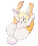  absurd_res anthro anus blonde_hair breasts carrot_(one_piece) clothing colo female footwear footwear_only fur genitals hair hi_res holding_legs_back lagomorph legwear leporid mammal minkmen_(one_piece) mostly_nude nipples one_eye_closed one_piece pubes pussy rabbit simple_background socks solo thigh_highs thigh_socks tongue tongue_out white_background white_body white_fur 