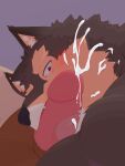  anthro blush bodily_fluids brown_body brown_fur canid canine canis cum domestic_dog duo erection fur genital_fluids genitals lifewonders live-a-hero male male/male mammal oral penis pubraseer purple_eyes shi_ba_ki_chi video_games 