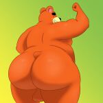  1:1 2021 absurd_res animal_crossing anthro backsack balls big_butt black_nose butt colossalstars eyes_closed genitals hi_res humanoid_hands male mammal nintendo obese obese_male orange_body overweight overweight_male simple_background solo teddy_(animal_crossing) ursid video_games 
