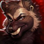  1:1 2021 black_lips brown_body brown_eyes brown_fur ear_piercing eyebrows fur gaby-t grin gulonine icon lips mammal mustelid musteline piercing simple_background smile solo teeth whiskers wolverine 