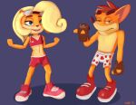  2021 absurd_res activision anthro bandicoot blue_eyes bottomwear boxers_(clothing) bra clothing coco_bandicoot crash_bandicoot crash_bandicoot_(series) duo eyewear eyewear_on_head female fingerless_gloves flat_chested footwear gloves goggles goggles_on_head green_eyes handwear heart_boxers heart_clothing heart_print heart_underwear hi_res ionai looking_at_viewer male mammal marsupial midriff navel shoes shorts simple_background sneakers sports_bra underwear video_games 
