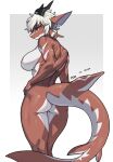  anthro breasts brown_body brown_scales butt digital_media_(artwork) facial_markings female fish hair head_markings hi_res horn looking_at_viewer looking_back looking_back_at_viewer marine markings non-mammal_breasts nude orange_eyes pgm300 rear_view scales shaded shark signature simple_background smile solo white_background white_hair 