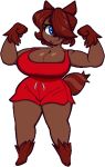  big_breasts blue_eyes breasts brown_body brown_skin covered_eye female flexing fruit_punch_(oc) humanoid slightly_chubby solo sovietcatparty thick_thighs wide_hips 