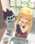  1girl absurdres black_camisole blonde_hair bracelet brushing_teeth camisole commentary_request cup extra_eyes from_above gabriel_(yomi_no_tsugai) gabu_(yomi_no_tsugai) gugugong hair_down hand_on_own_hip highres jewelry korean_commentary long_hair looking_at_another mug plant potted_plant red_eyes red_skirt sink skirt slippers toothbrush toothbrush_in_mouth toothpaste yomi_no_tsugai 