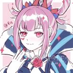  1girl artist_name blunt_bangs border commentary_request cross-laced_clothes cross-laced_dress dress facial_mark fire_emblem fire_emblem_engage folded_twintails fur_wrist_cuffs hair_flaps hair_rings hand_up heart heart_facial_mark hortensia_(fire_emblem) looking_at_viewer multicolored_hair multicolored_tiara nail_polish pink_background pink_eyes pink_hair red_nails sidelocks smile solo sparkle striped_clothes striped_dress two-tone_hair vertical-striped_clothes vertical-striped_dress white_border wrist_cuffs xinlinxin1 