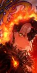  1girl absurdres chain fate/grand_order fate_(series) fire flag fur_trim headpiece highres jeanne_d'arc_alter_(avenger)_(fate) jeanne_d'arc_alter_(avenger)_(first_ascension)_(fate) jeanne_d'arc_alter_(fate) looking_at_viewer parted_lips portrait profile short_hair sideways_glance solo white_hair yellow_eyes zonotaida 