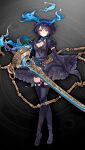  1girl alice_(sinoalice) black_gloves black_thighhighs blue_hair breasts chain cleavage closed_mouth crossed_legs elbow_gloves frilled_skirt frills full_body game_asset gloves grimms_notes hair_between_eyes hair_ribbon ji_no looking_at_viewer non-web_source official_art puffy_sleeves red_eyes ribbon short_hair sinoalice skirt solo split_mouth standing sword thighhighs v-shaped_eyebrows watson_cross weapon 