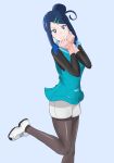  1girl aqua_hoodie black_hair blue_eyes blue_hair commentary_request cowlick fake_liko_(pokemon) green_hair_ornament hair_ornament hairclip highres hood hooded_vest hoodie kigkawa_e99 loose_hair_strand mature_female pantyhose pantyhose_under_shorts pokemon pokemon_(anime) pokemon_horizons shorts sidelocks smile swept_bangs tsurime undershirt updo vest white_shorts 