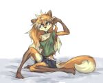  anthro arm_support arm_tuft black_nose blonde_hair bottomwear breasts brown_eyes canid canine cheek_tuft choker clothed clothing cowlick dipstick_tail ear_piercing ear_ring eyebrow_through_hair eyebrows facial_tuft female fox freckles fur gloves_(marking) hair hand_on_head hi_res jewelry jinny_(tinygaypirate) leg_markings looking_aside mammal markings messy_hair necklace off_shoulder orange_body orange_fur orange_hair piercing plantigrade raised_arm shirt shorts simple_background sitting socks_(marking) solo tail_markings tinygaypirate topwear translucent translucent_hair tuft white_background yellow_body yellow_fur 