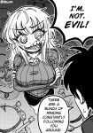 1boy 1girl arms_under_breasts artist_name breasts collared_shirt commentary crossed_arms crossover despicable_me english_commentary english_text greyscale highres large_breasts long_hair long_sleeves mimi_(nhim) minion_(despicable_me) monochrome nhim open_mouth original ringed_eyes roy_(nhim) sharp_teeth shirt speech_bubble sweater teeth twitter_username wavy_hair 
