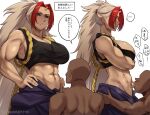  ... 1girl abs arm_under_breasts bald bare_shoulders black_tank_top breasts clothes_around_waist commentary_request crop_top crossed_arms dark-skinned_male dark_skin faceless faceless_male from_side hand_on_another's_hip hands_on_own_hips hetero hidari_(yomi_no_tsugai) highres horns index_finger_raised interracial large_breasts licking licking_navel licking_stomach long_hair looking_at_another midriff multicolored_hair muscular muscular_female navel parted_bangs peaceful1716 red_hair rope saliva single_horn skin-covered_horns small_horns speech_bubble spoken_ellipsis stomach sweat tall_female tank_top tongue tongue_out twitter_username two-tone_hair very_long_hair white_background white_hair yomi_no_tsugai 