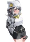  1girl absurdres animal_ears animal_hat arknights arknights:_endfield arms_behind_back bandaid bandaid_on_face belt_pouch black_bodysuit bodysuit breasts cat_ears cat_girl cat_hat commentary cowboy_shot estella_(arknights) grey_eyes grey_hair hat hat_with_ears highres long_sleeves looking_at_viewer medium_breasts medium_hair pouch puffy_long_sleeves puffy_sleeves shrug_(clothing) simple_background solo white_background white_hat white_shrug yumyeongsaje 