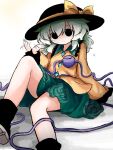  1girl black_boots black_eyes black_hat boots bow buttons collared_shirt diamond_button disembodied_linked_eye empty_eyes eyeball fanning_self floral_print frilled_shirt_collar frilled_sleeves frills green_hair green_skirt hat hat_bow heripantomorrow komeiji_koishi long_hair long_sleeves looking_at_viewer print_skirt rose_print shirt sitting skirt solo sweatdrop touhou wide_sleeves yellow_bow yellow_shirt 