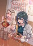  2girls blonde_hair blush bowl chopsticks collarbone commentary_request crossed_bangs dumpling egg food food_on_face gakuen_idolmaster green_eyes green_hair green_shirt hair_flaps hair_intakes hair_ornament hairclip highres holding holding_bowl holding_chopsticks idolmaster jacket jiaozi long_hair menu multiple_girls noodles orange_eyes plaid_clothes plaid_jacket ramen rice shinima shinosawa_hiro shirt spicy sweat tongue tongue_out tsukimura_temari watch wristwatch 