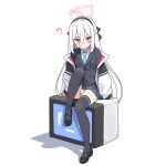  1girl ? aqua_necktie black_bow black_shoes black_thighhighs blazer blue_archive bow chinese_commentary closed_mouth collared_shirt commentary_request dot_mouth full_body hair_between_eyes hair_bow halo hatsunatsu jacket kei_(blue_archive) kei_(student)_(blue_archive) knee_up long_hair long_sleeves mary_janes mixed-language_commentary necktie on_television open_clothes open_jacket panties pantyshot pink_eyes pink_halo shirt shoes simple_background sitting solo television thighhighs underwear very_long_hair white_background white_hair white_jacket white_panties white_shirt 